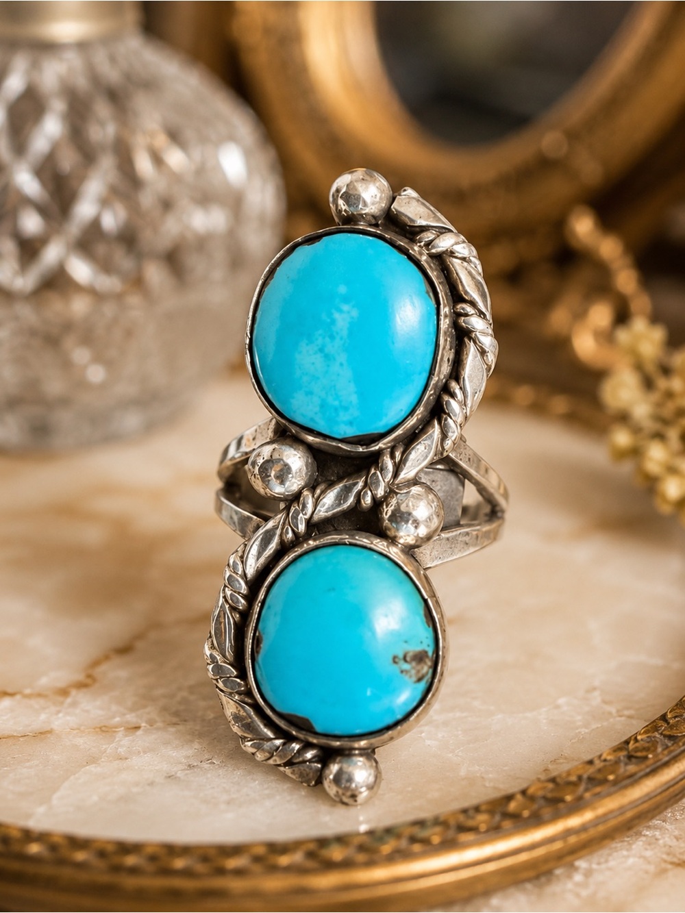 Vintage Sterling Silver Double Turquoise Statement Ring Southwestern Boho Size 7